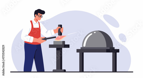 Professional chef uses a culinary torch to sear a piece of food on a stand, demonstrating modern cooking techniques in a minimalist kitchen illustration.