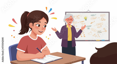 Young student actively learns and gains inspiration from a wise teacher explaining concepts on a whiteboard in a classroom setting.