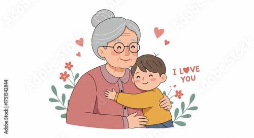 Heartwarming illustration of a grandson hugging his grandmother, showing deep family connection and love, with hearts and flowers.