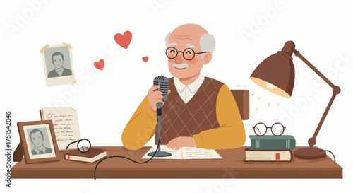 Elderly man passionately records his stories or podcast into a vintage microphone at a cozy desk filled with books and cherished memories, radiating love and wisdom.