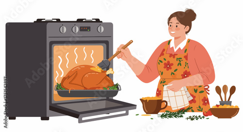 Happy Woman Basting a Roasted Turkey in the Oven, Preparing a Festive Holiday Meal with Gravy and Mashed Potatoes, Home Cooking Illustration