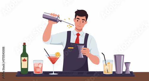 Professional bartender crafting cocktails with precision. A skilled mixologist at work behind a well-equipped bar, preparing refreshing drinks for patrons.