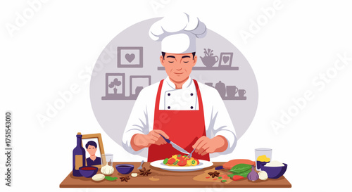 Skilled male chef in uniform meticulously garnishing a delicious meal, surrounded by fresh ingredients and kitchen decor, showcasing culinary artistry and professional cooking.