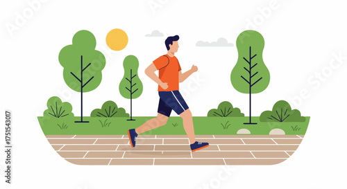 Man jogging in a park on a sunny day, engaged in outdoor fitness activity and healthy lifestyle, flat illustration.