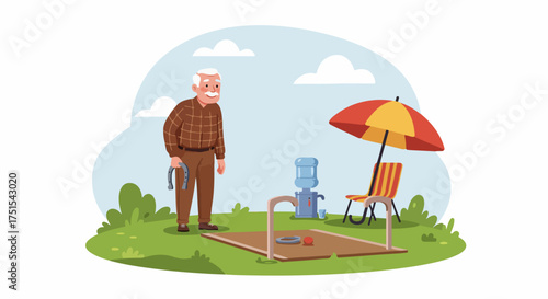 Elderly man enjoying a game of horseshoes in the park, staying hydrated with a water cooler and shaded by a colorful umbrella on a sunny day.
