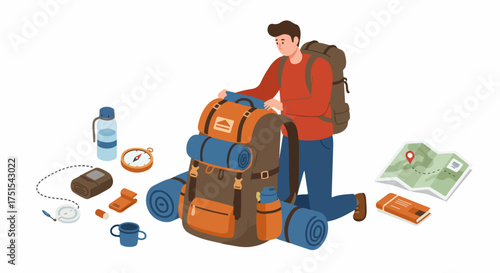 Young man packing a hiking backpack with essential outdoor gear, preparing for adventure on a white background.