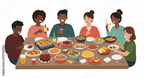 Diverse group of friends enjoying a festive meal together, sharing food and drinks around a bountiful table in a cheerful gathering.