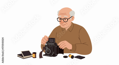 Elderly Man with Vintage Film Camera and Photography Accessories, Embracing Classic Analog Photography and Nostalgia with Film Rolls and Old Photos