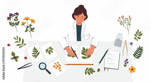 Botanist or scientist examining and cataloging pressed plant specimens for a herbarium, surrounded by various floral and leafy samples and scientific tools.