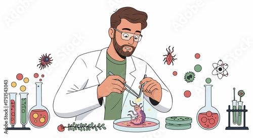 A dedicated scientist in a lab coat meticulously examines a biological specimen in a petri dish with tweezers, surrounded by various scientific instruments, microorganisms, and atomic models.