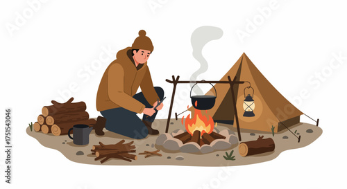 Camper preparing firewood at a cozy campsite with a warm campfire, cooking pot, and tent, enjoying a peaceful outdoor wilderness experience.