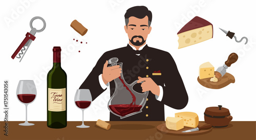 Sommelier Decanting Red Wine with Gourmet Cheese and Wine Accessories Illustration