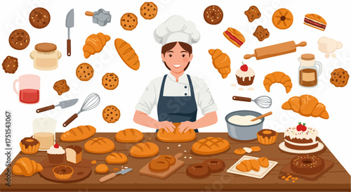 A cheerful female baker proudly displays her freshly baked assortment of breads, pastries, cookies, and cakes, showcasing a busy and delicious baking scene.
