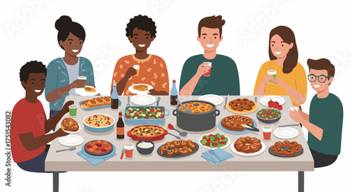 A diverse group of smiling friends and family sharing a bountiful meal around a dining table, celebrating togetherness and joy with delicious food.