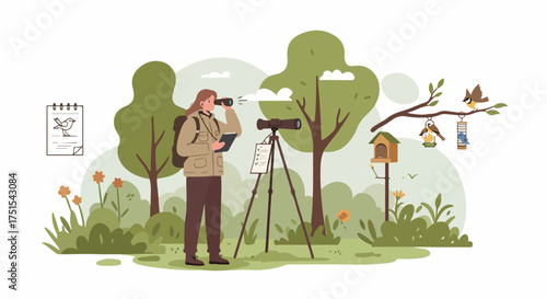 Outdoor birdwatching scene with a person using binoculars and a telescope, studying various birds near feeders and a birdhouse. Nature observation illustration.
