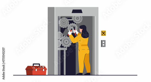 Female technician repairing a broken elevator, showcasing mechanical maintenance and problem-solving skills.