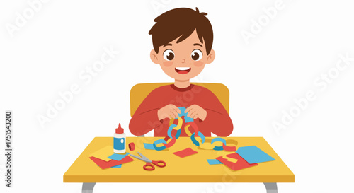 Happy young boy enjoys making a colorful paper chain craft at a yellow table with scissors and glue, illustrating childhood creativity and hands-on learning.