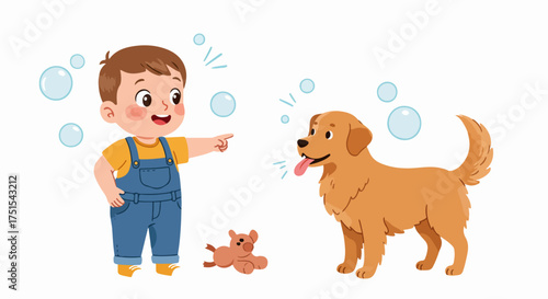 A happy little boy points, playing cheerfully with his golden retriever dog, a toy, and floating bubbles on a white background, depicting childhood fun and pet companionship.