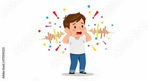 Young boy covering his ears, distressed and overwhelmed by loud noise and sensory overload, indicating auditory discomfort or sensitivity.