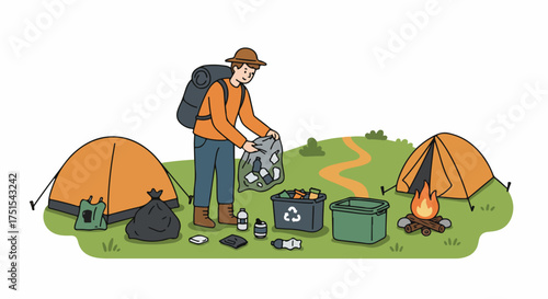 Responsible camper collecting trash and sorting recyclables into bins at a campsite. Promoting eco-friendly outdoor recreation and environmental conservation with 'leave no trace' principles.