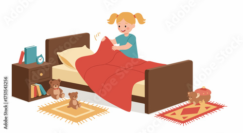 Happy little girl making her bed in a cozy bedroom. Child tidying up with a red blanket, surrounded by toys and books, learning responsibility.