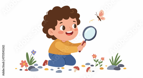 Curious cartoon boy exploring nature with a magnifying glass, observing a butterfly among flowers and mushrooms, symbolizing childhood discovery and learning.