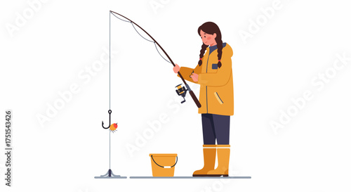 Young woman fishing with rod and reel, wearing a yellow raincoat and boots, beside a bucket on a white background. Flat vector illustration of an outdoor hobby.
