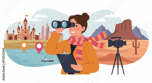 Woman with binoculars exploring diverse locations for travel or filmmaking, featuring a castle, city, river, and desert landscapes with a camera setup.