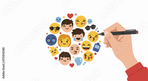 Hand drawing a vibrant circle of diverse emojis and cartoon faces, illustrating a range of emotions and digital communication on a clean white background.