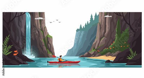 Solo kayaker explores a stunning canyon, paddling past a majestic waterfall and towering cliffs, embodying peaceful outdoor adventure and natural beauty.