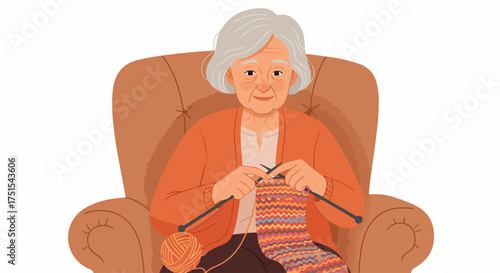 Content elderly woman with grey hair knitting a colorful project in a comfortable armchair, enjoying a relaxing hobby at home.