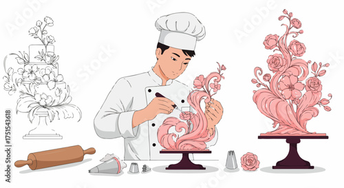 Skilled male chef meticulously decorates an elegant cake with intricate pink floral sugar art, showcasing expert confectionery skills and gourmet baking craftsmanship.