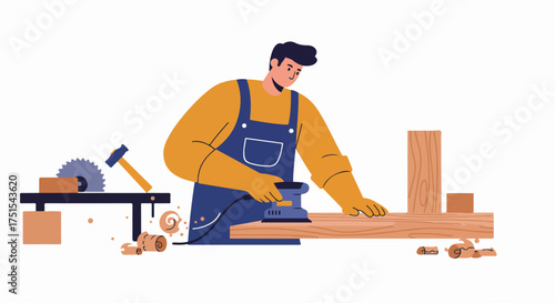 Man sanding wood plank with an electric sander, engaged in woodworking and DIY carpentry in a modern flat illustration style.