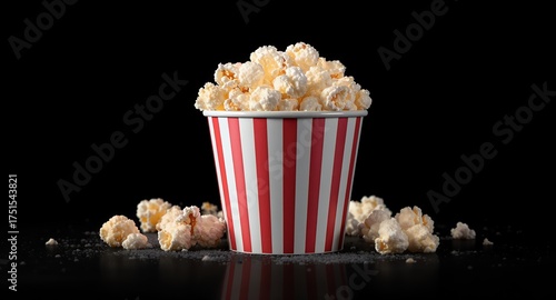 Striped Bucket Overflowing with Fresh Popcorn on a Dark Reflective Surface, Scattered Kernels and Salt Grains Around popcorn, snack, movie night, cinema, food, bucket, striped, red and white, ker