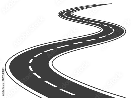 Curved two-lane road with dashed center lines on white background, symbolizing travel or progress.