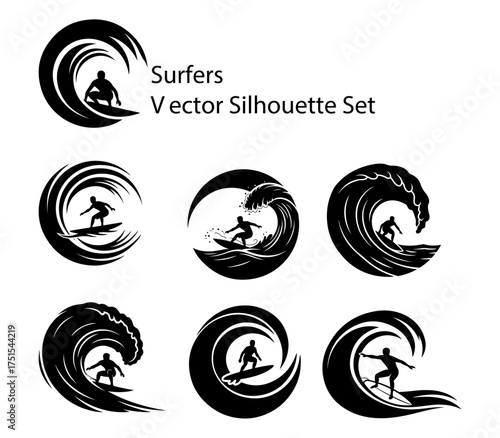 set of vector logos Circular Surfing Logo Vector Set: Swirling Wave and Surfer Emblem Collection Professional Surf Shop Logo Template: Round Icon with Rider on Powerful Wave Monochrome Surf Brand 