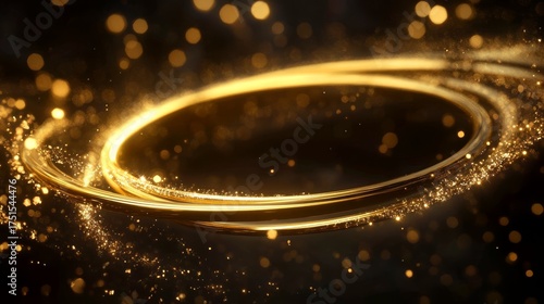 slow-motion impression of a spinning golden hoop, blurred edge glow and scattered star-like glints, deep shadow behind to heighten the sense of depth