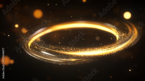 slow-motion impression of a spinning golden hoop, blurred edge glow and scattered star-like glints, deep shadow behind to heighten the sense of depth