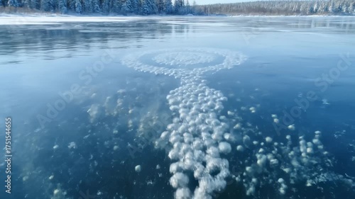 Methane Bubbles Frozen Beneath Surface of Abraham Lake in Winter