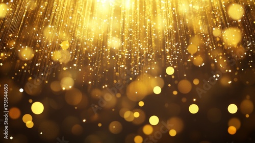 metallic gold bokeh texture with vertical shafts of light pouring from above, glimmering star shapes of varying sizes tumbling like confetti, rich luxurious feel ideal for holiday or celebration