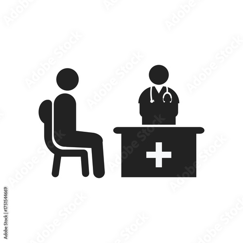 Isolated silhouette stick figure illustration of stick figure illustration of a patient consulting with a doctor. For education, advertising and pamphlets themed on health and hospital care icons.