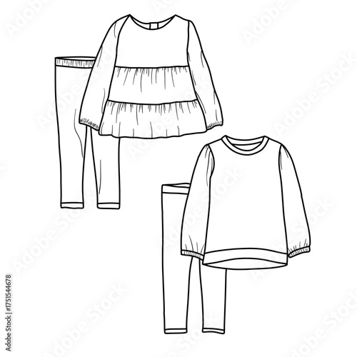 Flat sketch of two different styles of long-sleeved tops and matching leggings for children line art vector illustration