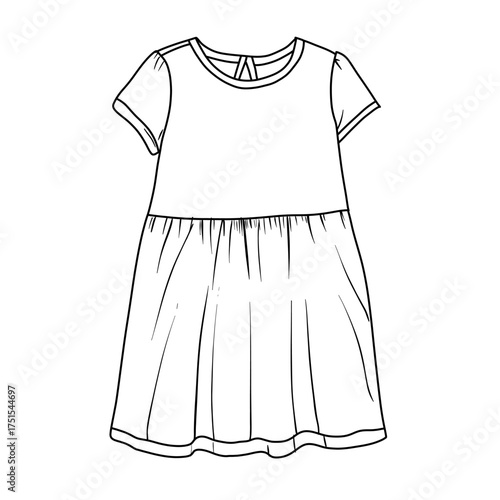 A minimalist black and white line art illustration of a short-sleeved dress, featuring a gathered skirt and a round neckline, perfect for childrens fashion designs.