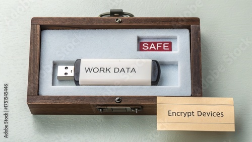 USB drive labeled Work Data stored safely inside wooden box