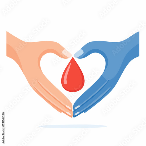 Two hands, one blue and one flesh-toned, form a heart shape around a red blood drop.