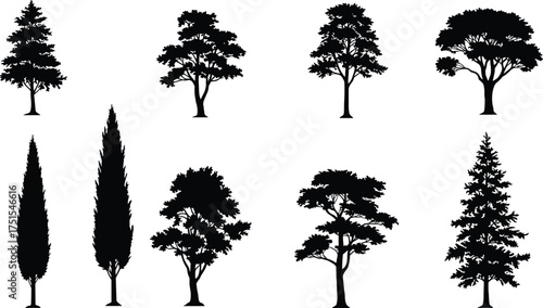 Collection of diverse tree silhouettes, detailed natural forest vector illustration, black landscape shapes with pine, cypress, and oak trees