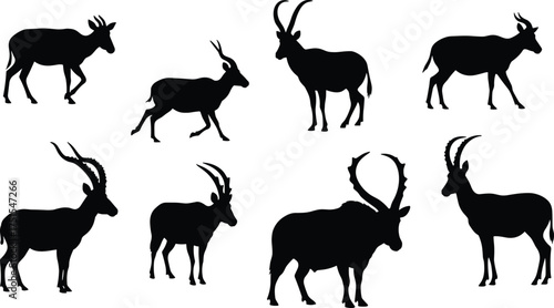Collection of deer and antelope silhouettes, wild animal vector set, horned mammal illustration for wildlife design, nature art, and decoration