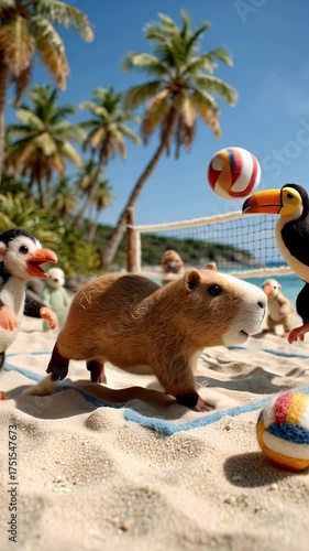 Animated animal characters playing beach volleyball on a sunny day near the ocean