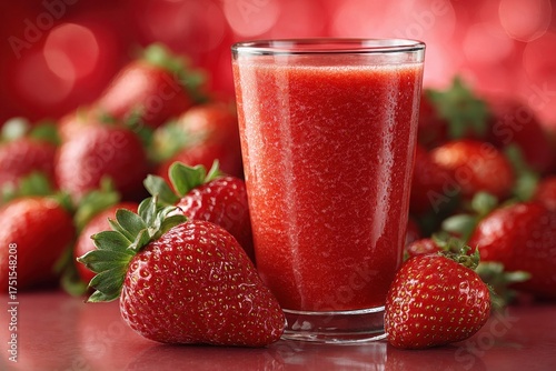 Juicy strawberry smoothie with whole strawberries in glass