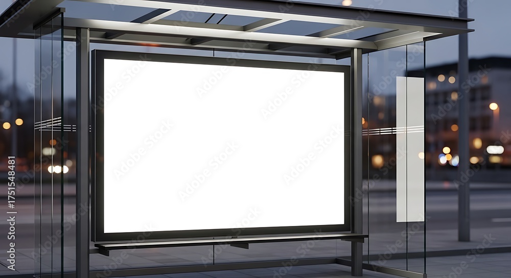 Fototapeta premium Blank Billboard at Bus Stop for Advertising Mockup at Dusk.